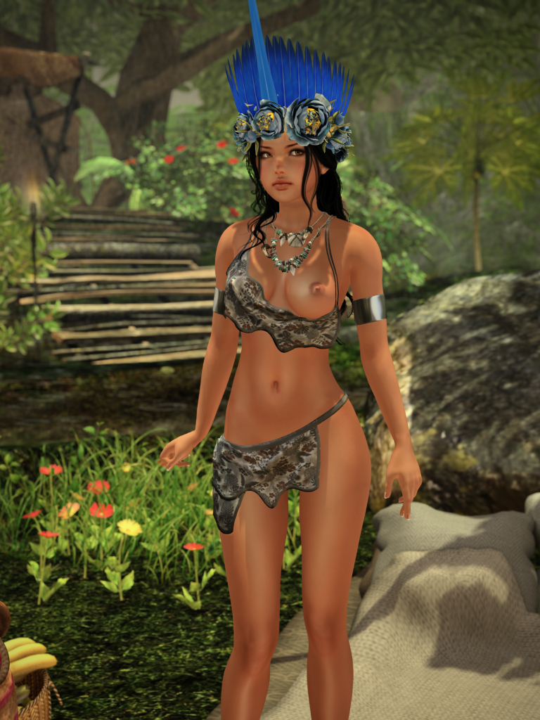 A beautiful uncovered woman adorned with a blue feather headdress and tribal jewelry stands poised in a vibrant, lush jungle setting.