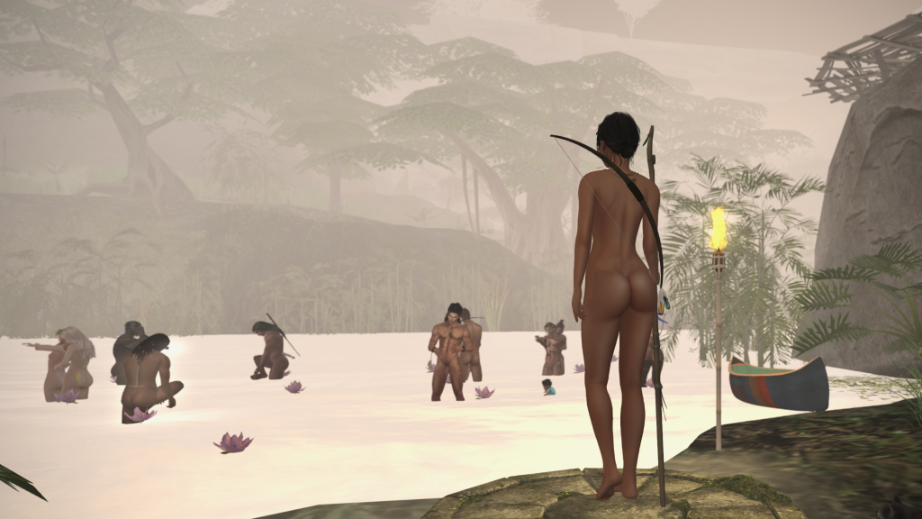 A bare woman with a bow watches other bare villagers enjoying a jungle river surrounded by lotus flowers and misty foliage
