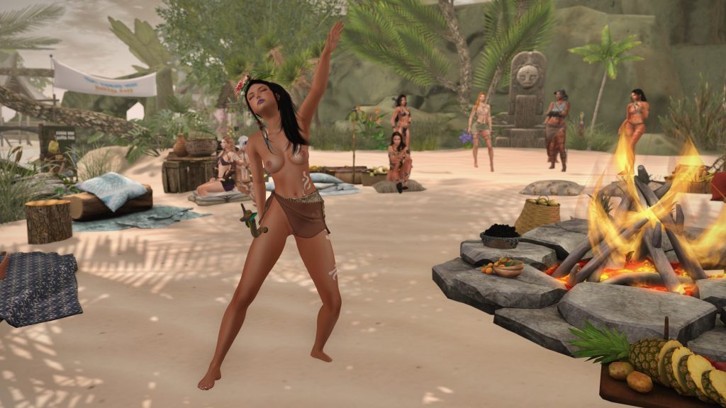 A beautiful topless woman dances joyfully on a sandy beach near a campfire, surrounded by bare villagers and tropical scenery.