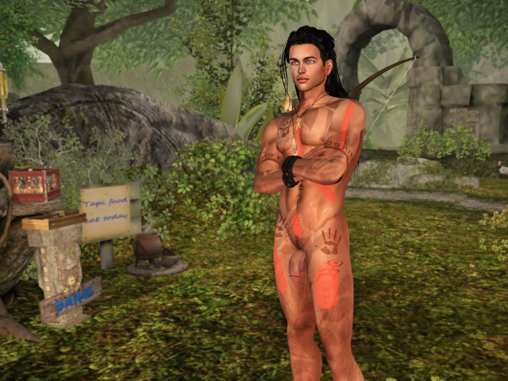 A handsome bare man stands confidently in a jungle clearing, adorned with body paint and tribal accessories, with lush foliage around him