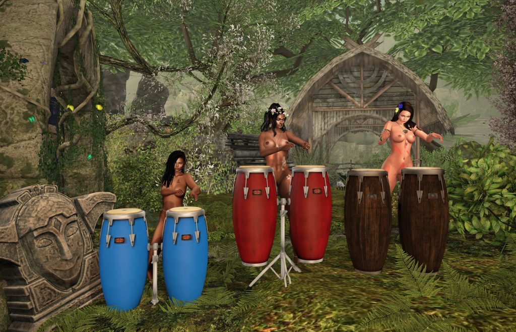 Three beautiful bare women play vibrant tribal drums in a lush jungle setting, surrounded by greenery and ancient stone sculptures