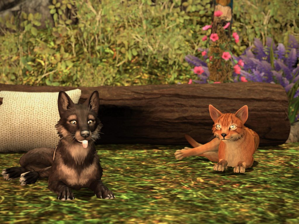 A relaxed black dog with its tongue out and a curious orange cat rest on grass in a lush garden with vibrant flowers.