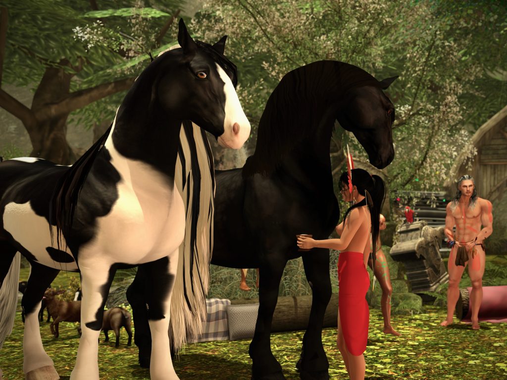 A woman in a red dress gently interacts with two majestic horses in a lush forest setting, surrounded by people and nature.