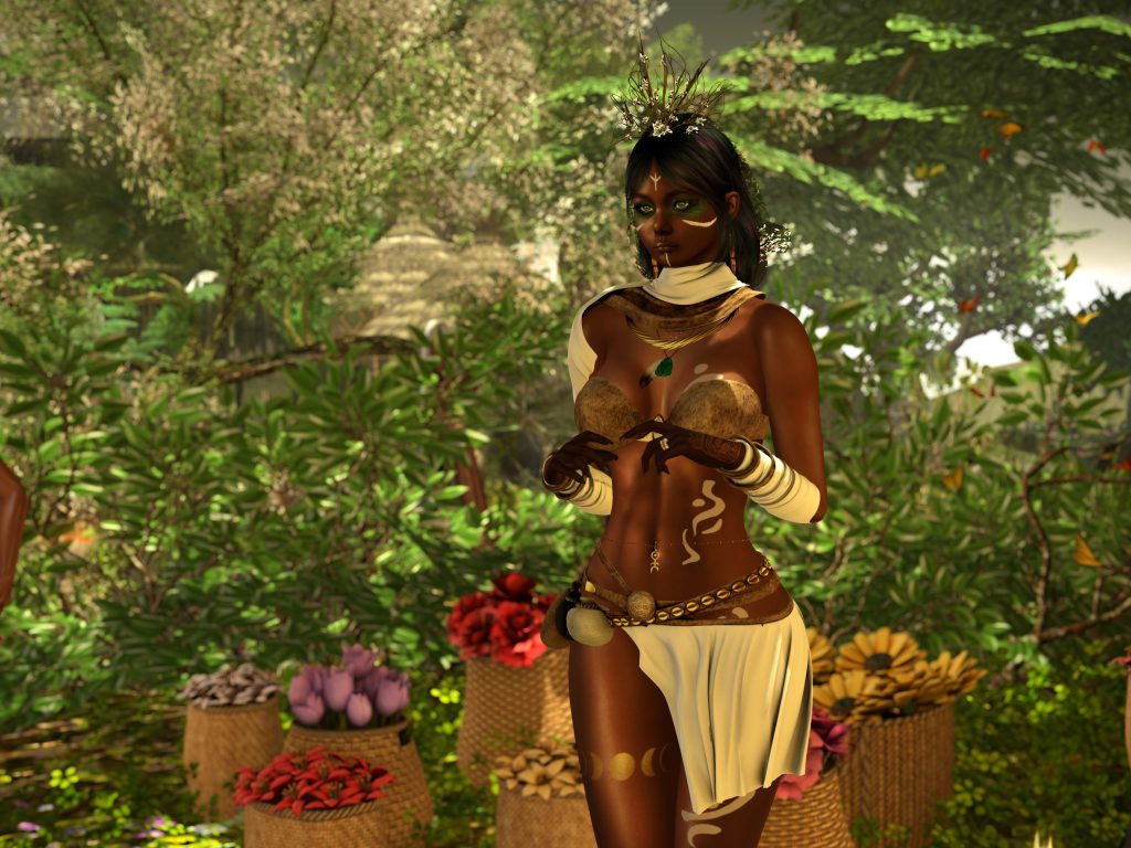 A beautiful native woman stands among vibrant flower baskets, adorned with jewelry and intricate body art. Green foliage creates a vivid backdrop