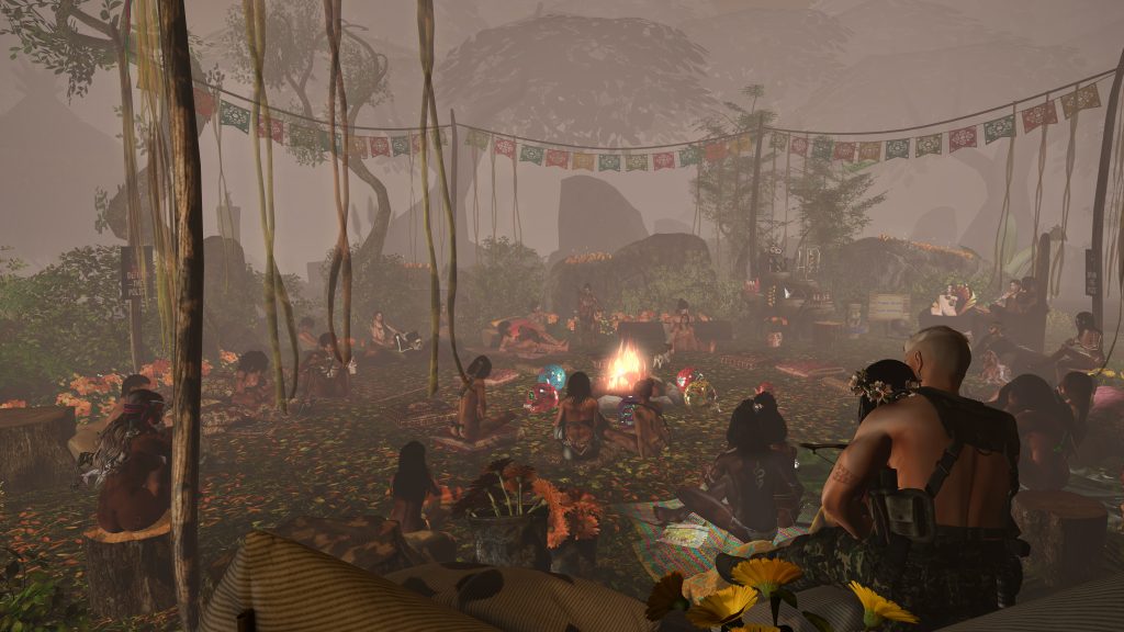 Villagers gather around a fire as a storyteller speaks in the jungle clearing