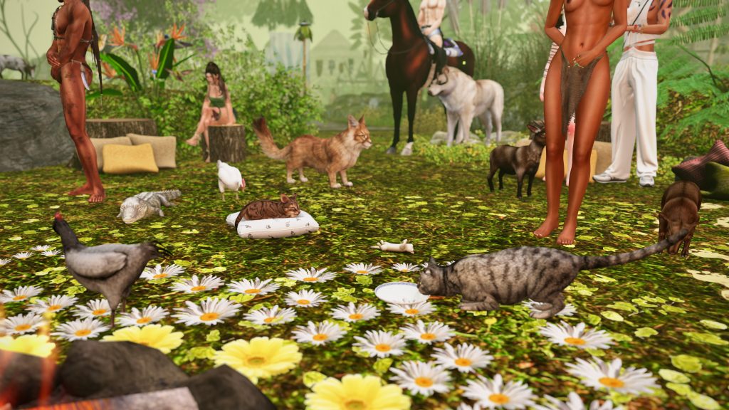 Topless native woman stands among animals and flowers in the jungle camp