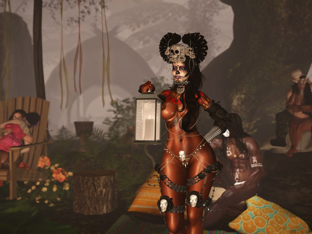 Native woman topless holds lantern surrounded by villagers in the jungle setting