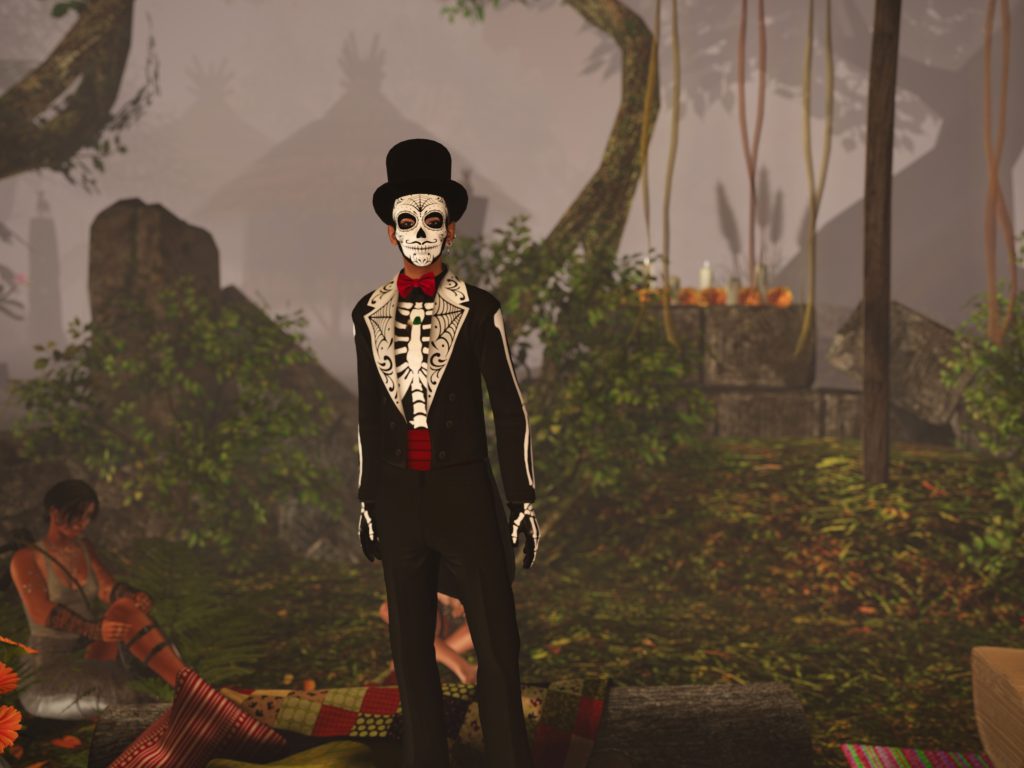 Person in skeleton suit and top hat stands in the jungle camp with mist and huts