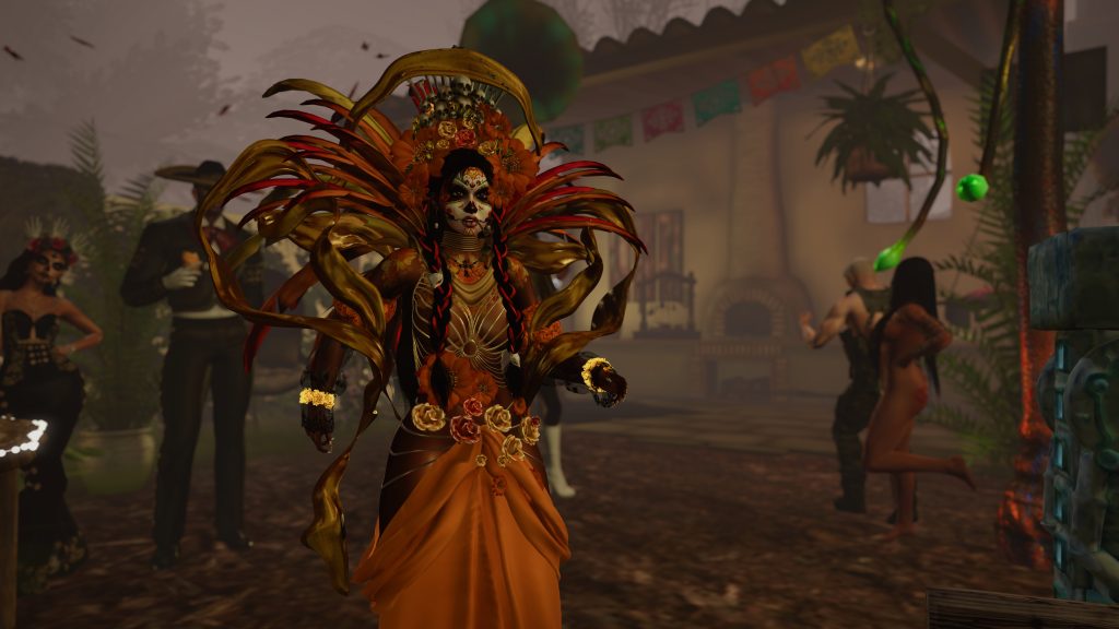 Colorfully dressed native woman dances in vibrant attire during jungle celebration