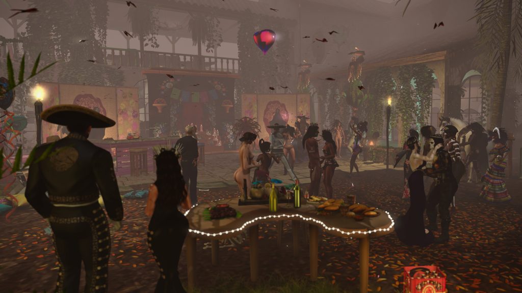 Villagers in colorful attire celebrate joyfully in the jungle camp, surrounded by festive decorations and torchlight