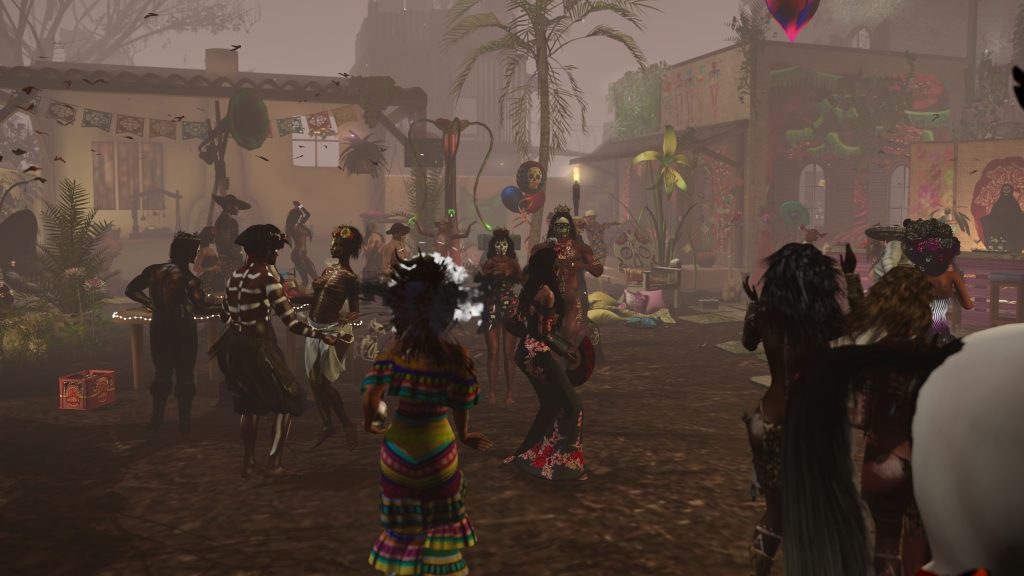 Villagers in vibrant attire dance and interact in a festive jungle camp