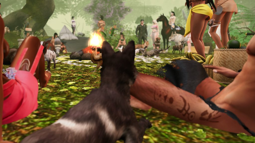 Person with leg tattoos sits by a fire as villagers and animals gather in the jungle clearing
