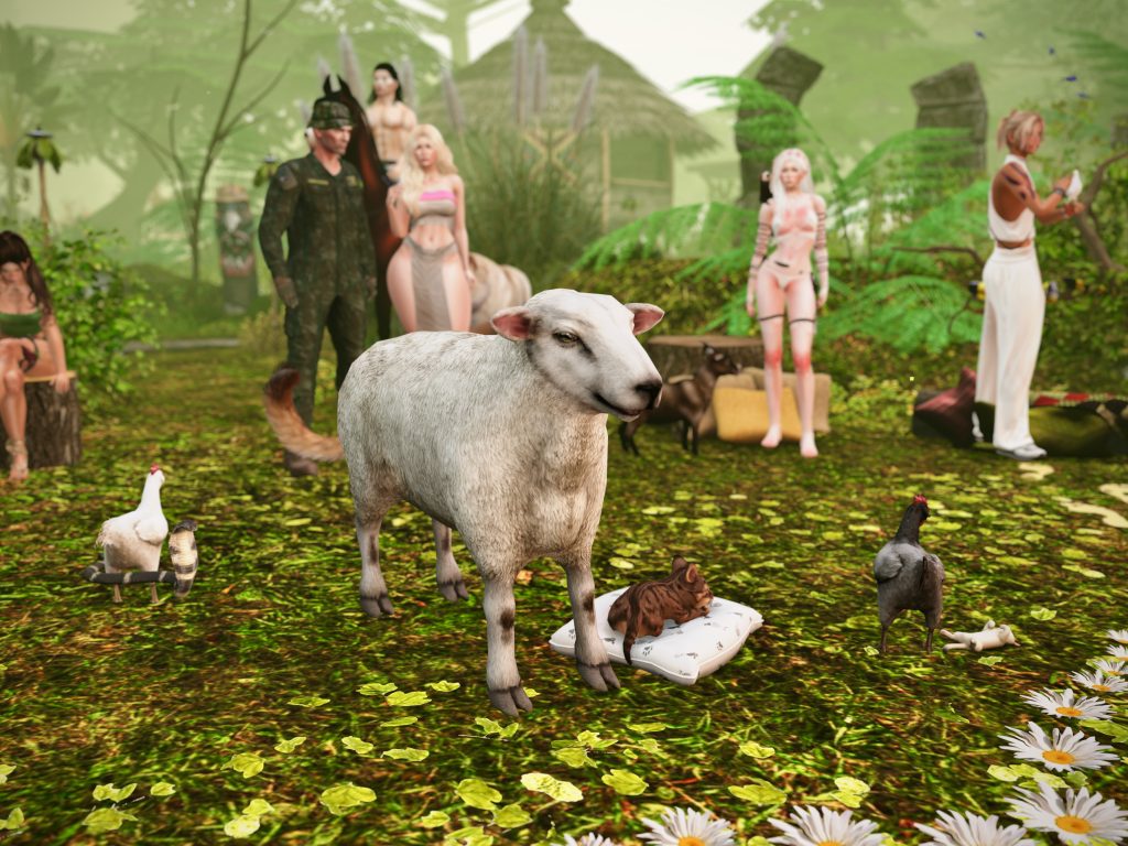 Dog stands in jungle camp while villagers and sheep gather nearby