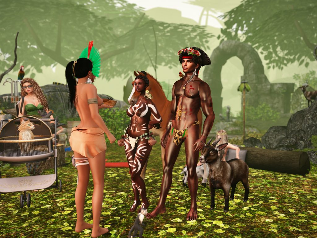 Topless native woman speaks with villagers near a goat in the jungle clearing