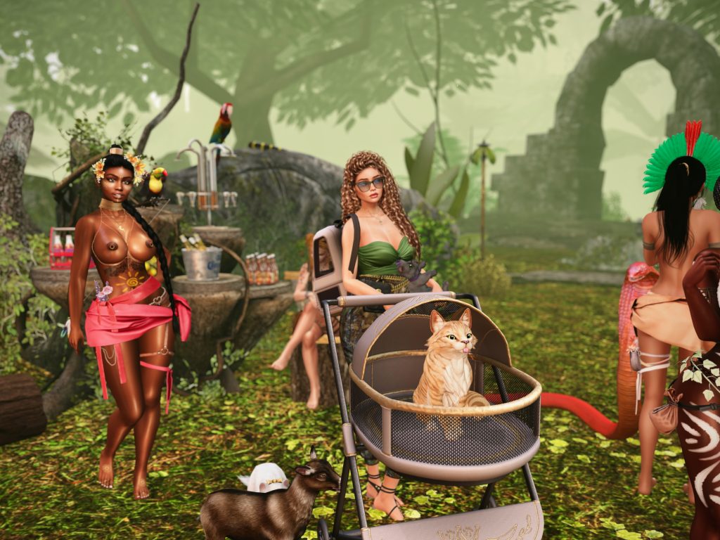 Topless native woman stands by a jungle path with a parrot perched on her shoulder