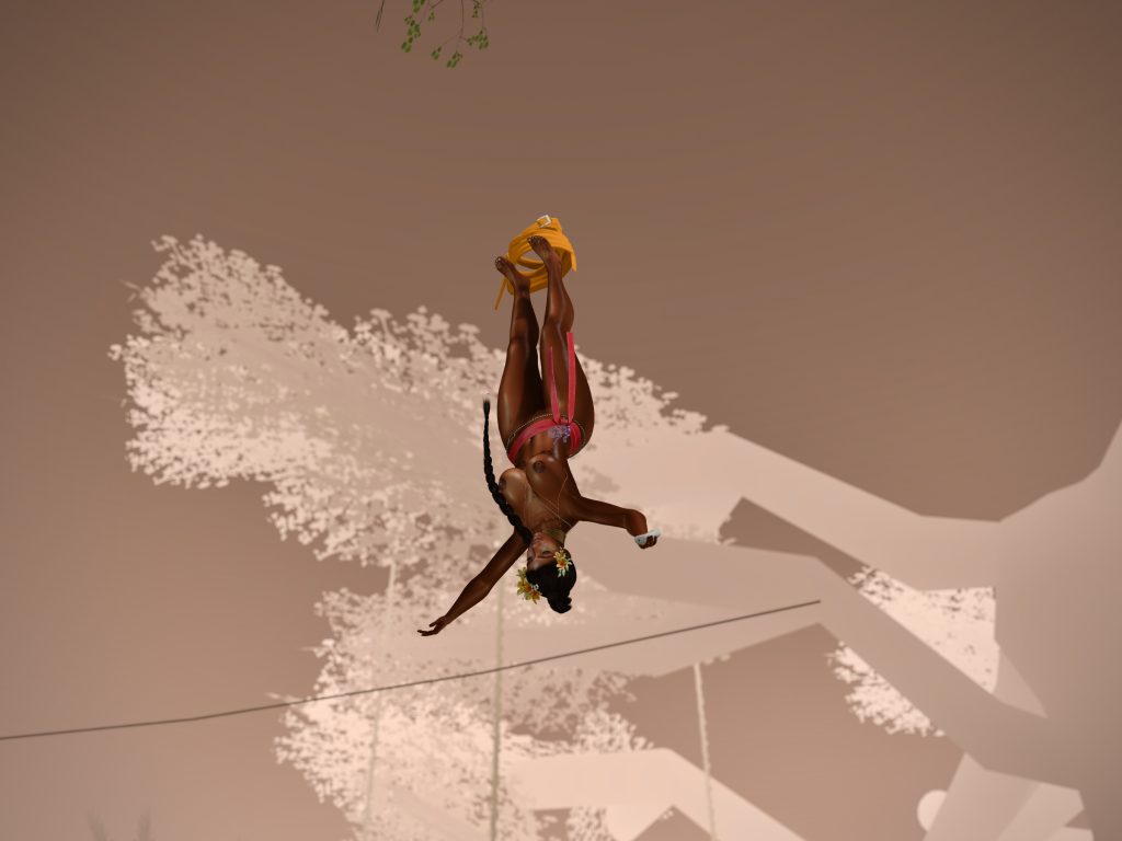 Native woman in a skirt swings on a vine in the jungle canopy