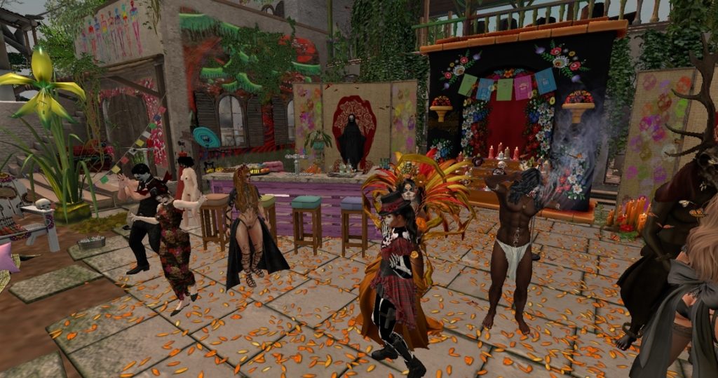 Dancers in vibrant costumes celebrate in the decorated village square