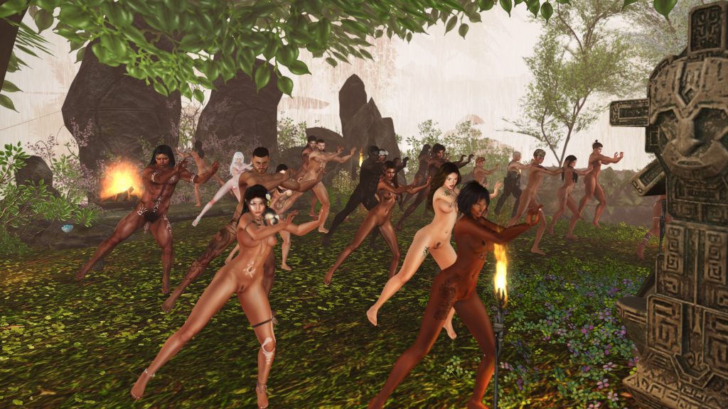 Unclothed villagers dance with torches in the lush jungle clearing