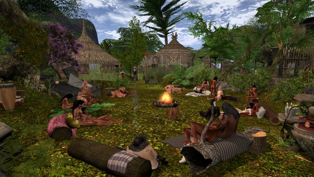 Villagers gather around a campfire surrounded by lush greenery and thatched huts in the jungle camp