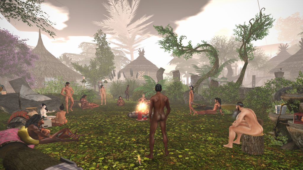 Unclothed villagers gather around a campfire in the jungle clearing