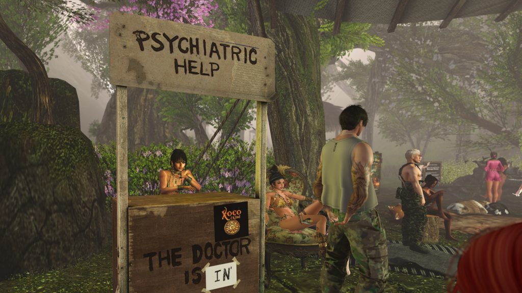 Tribal woman in a booth offers counseling in the jungle camp