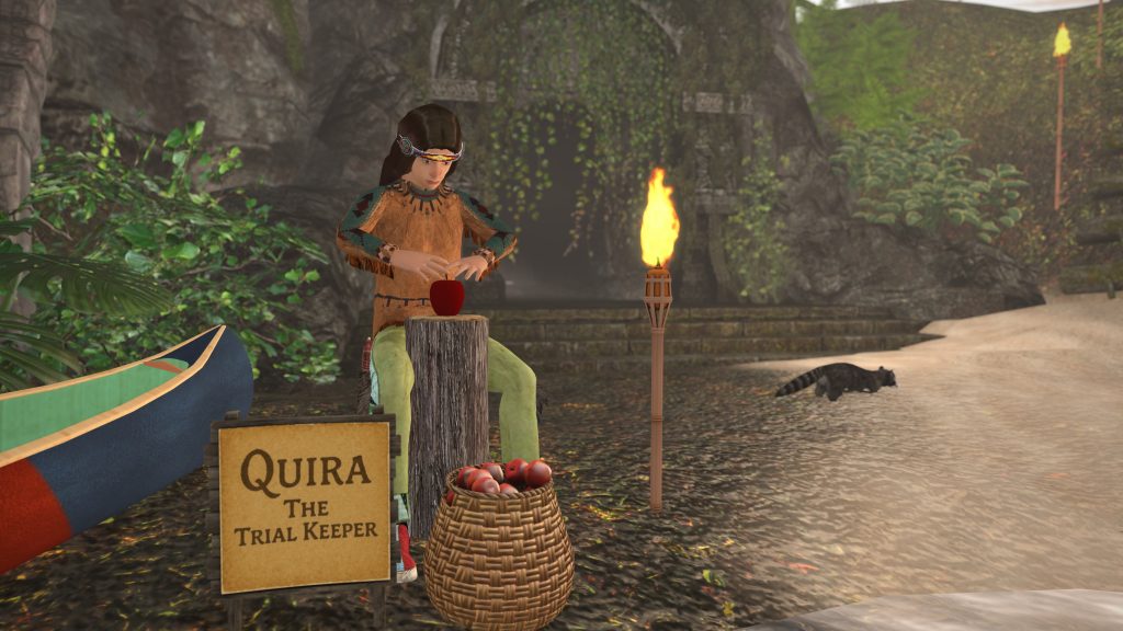 Villager in forest garb arranges red apples on a stump beside a canoe and torch in the jungle clearing