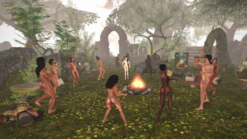 Unclothed villagers dance around a campfire in the jungle clearing