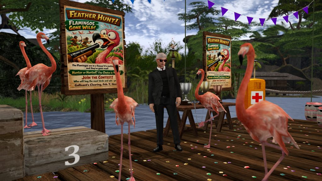 Person in a suit stands among flamingos on the riverbank dock during the Feather Hunt festival