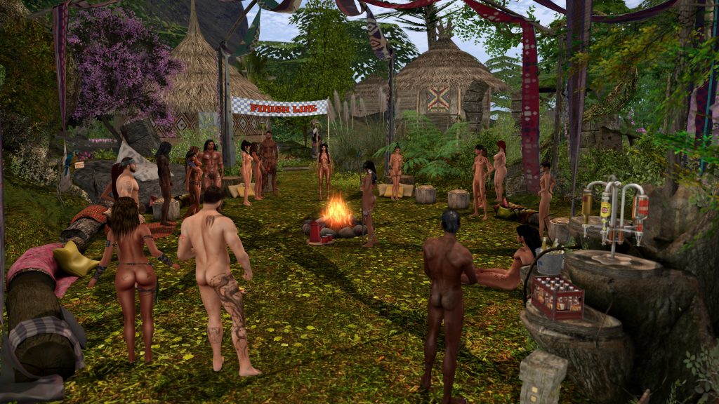 Villager unclothed stands by the campfire as others gather in the jungle clearing
