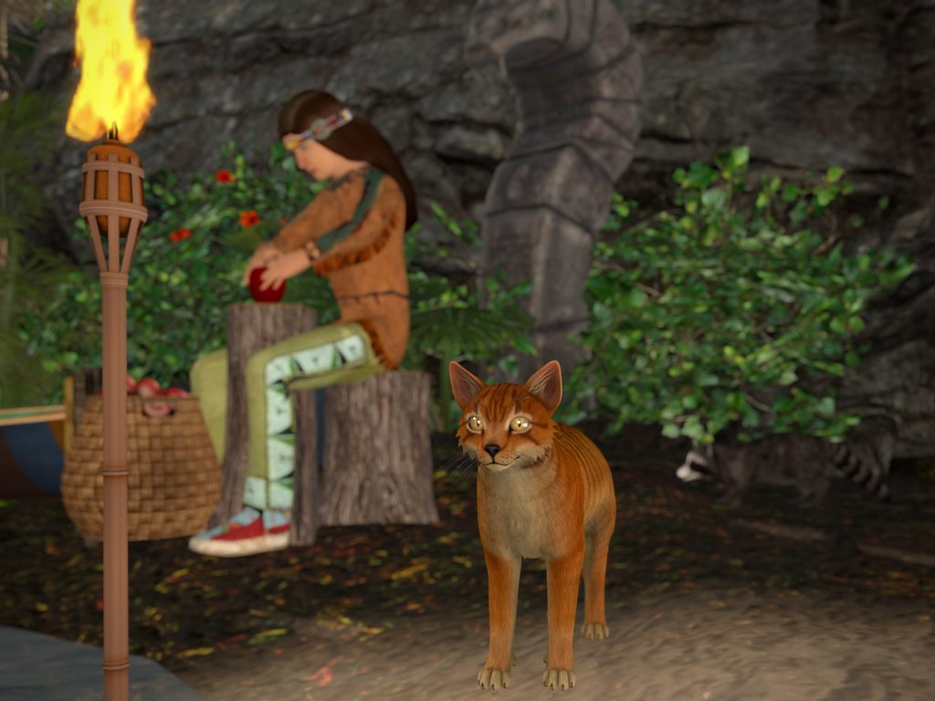 Jungle cat stands alert by a torch while a native woman trims fruit at the jungle camp