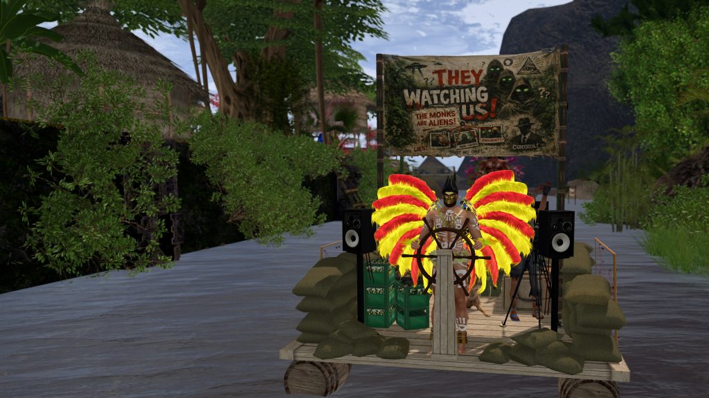 Topless dancer steers a raft past a warning banner on the river through the jungle camp