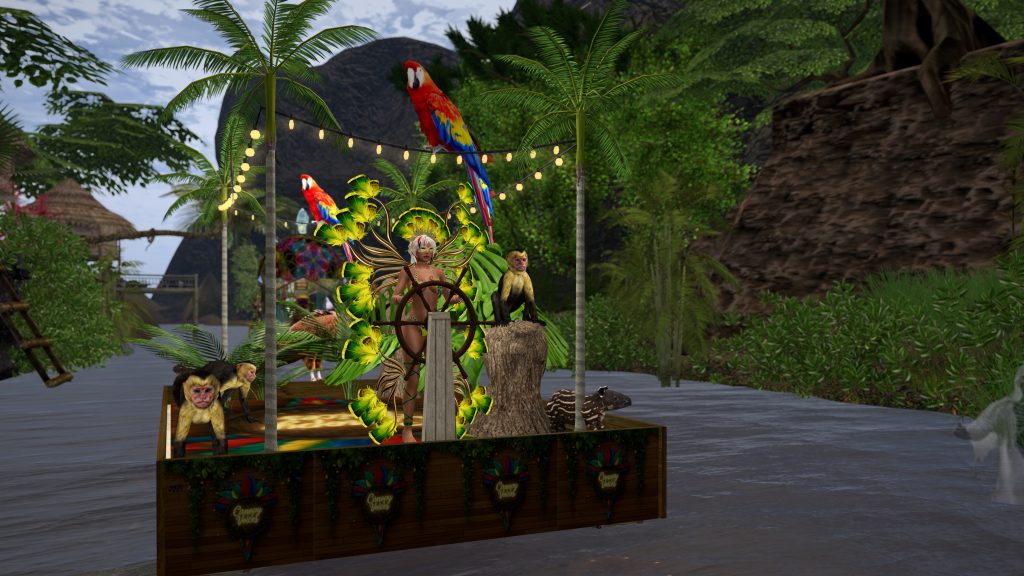 Native woman topless steers a wooden wheel on a decorated raft along the jungle riverbank with parrots and monkeys