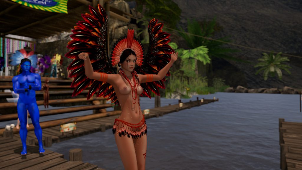 Native woman topless wearing a feathered headdress and wings dances on the river dock at the jungle camp