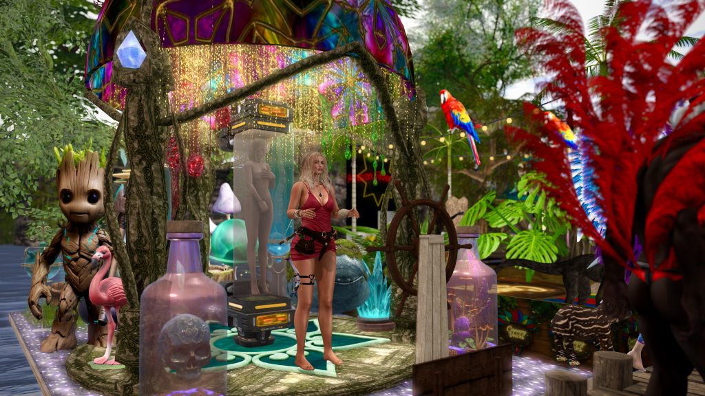 Native woman in a red top and shorts gestures under a sparkling canopy at the jungle camp