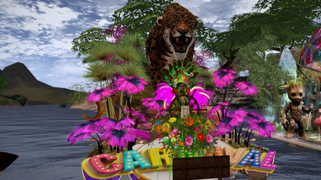Dancer in feathered headdress steers a flower-covered float at the riverbank while a jaguar prowls behind