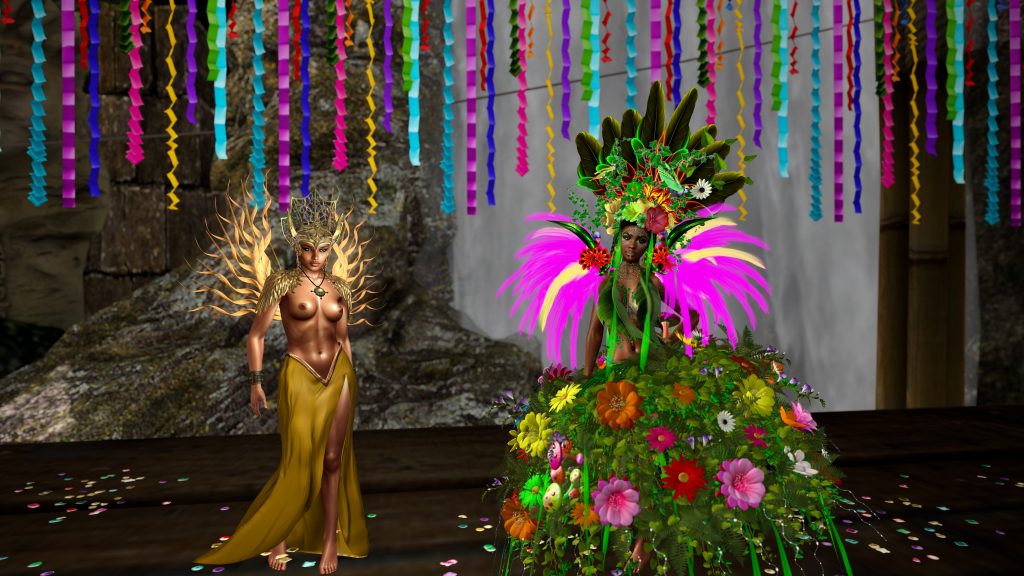 Two native women, one topless and one wearing a floral headdress and gown, pose at the jungle camp