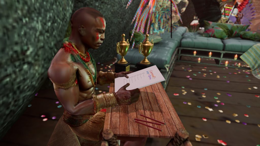 Shirtless villager reads a paper list at a decorated jungle camp table beside trophies and confetti