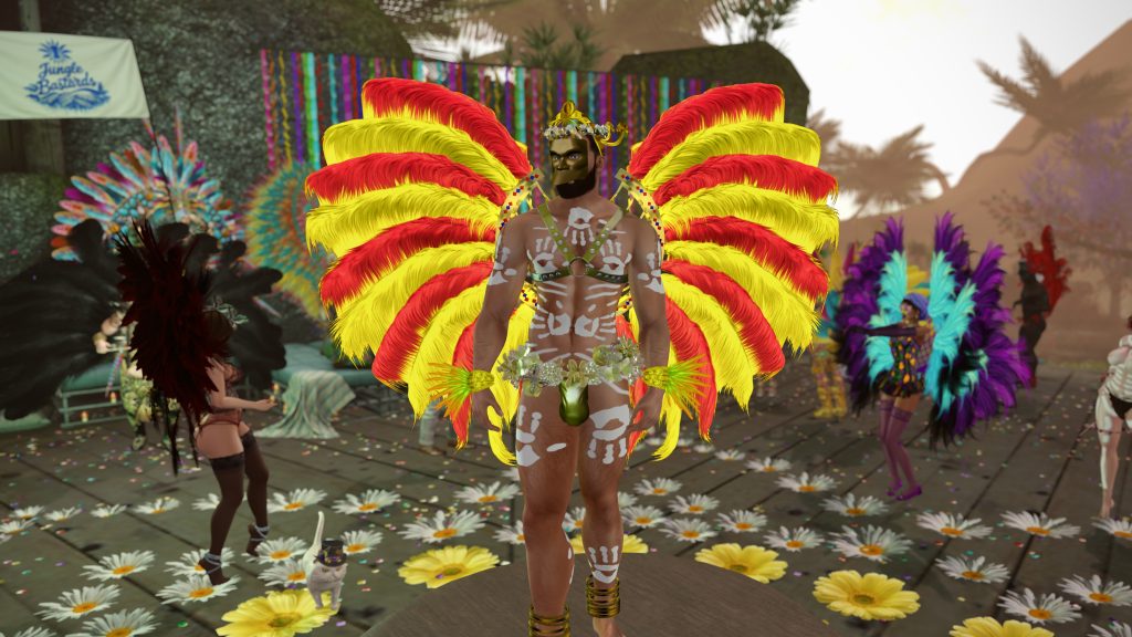 Dancer wearing a harness and feathered headdress with white body paint poses on a wooden stage in the jungle camp