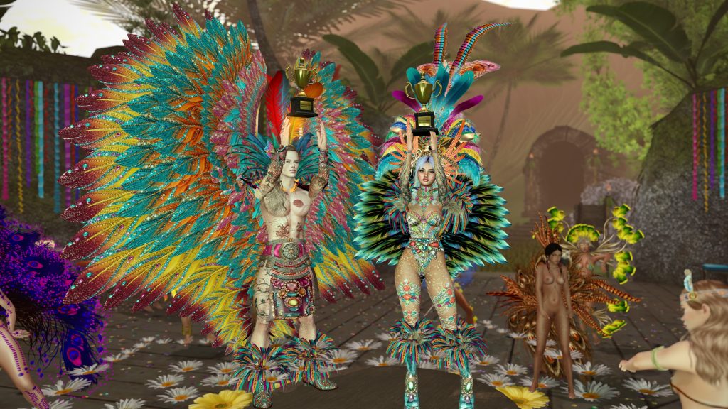 Topless native woman and native woman in beaded costume hold trophies on a flower-strewn jungle stage