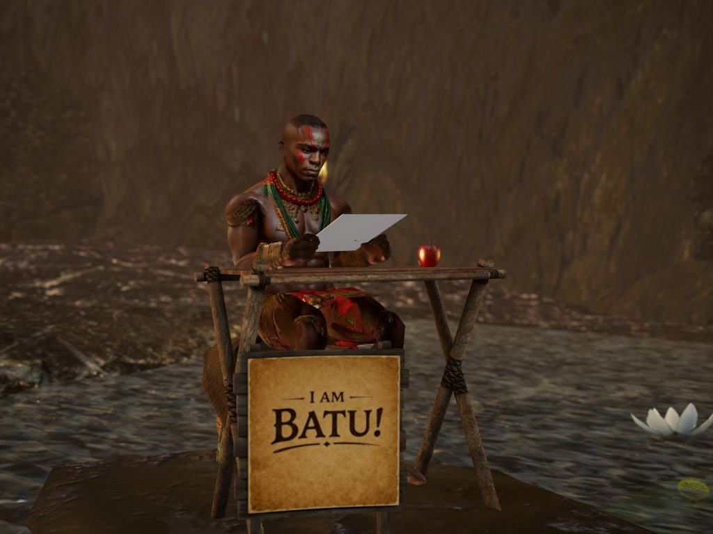 Shirtless villager reads a paper at a riverside stall in the jungle camp