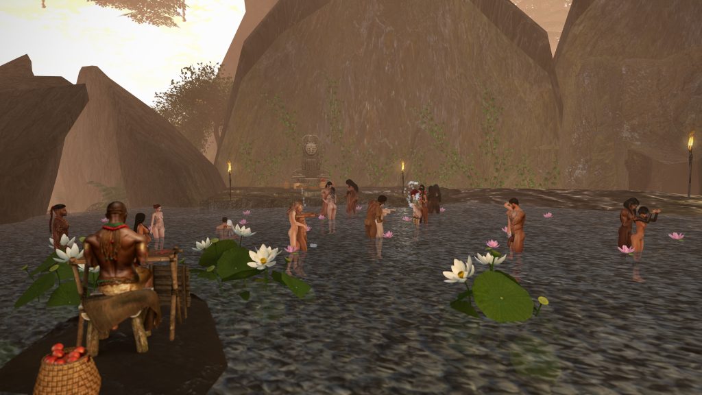 Unclothed villagers bathe in the jungle pool near a stone shrine as torches burn