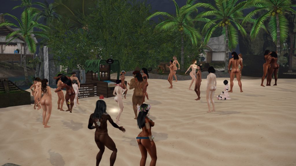 Unclothed dancers mingle on the sandy beach near the jungle camp under palm trees