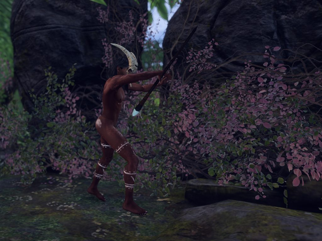 Native woman topless draws a spear amid pink-leaved vines at the jungle rock