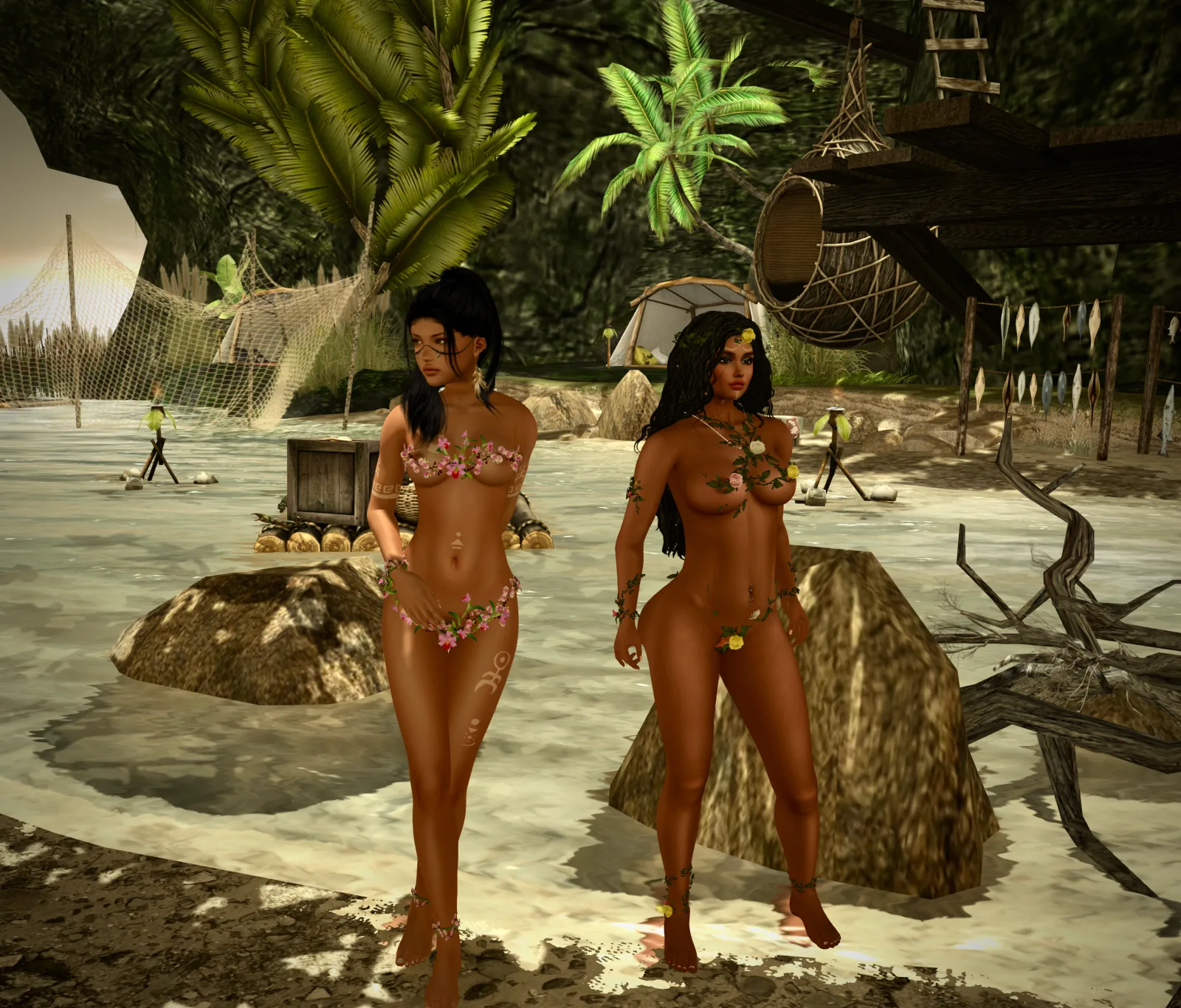 Two beautiful native women adorned with flowers and leaves stroll along a riverbank in a lush jungle setting