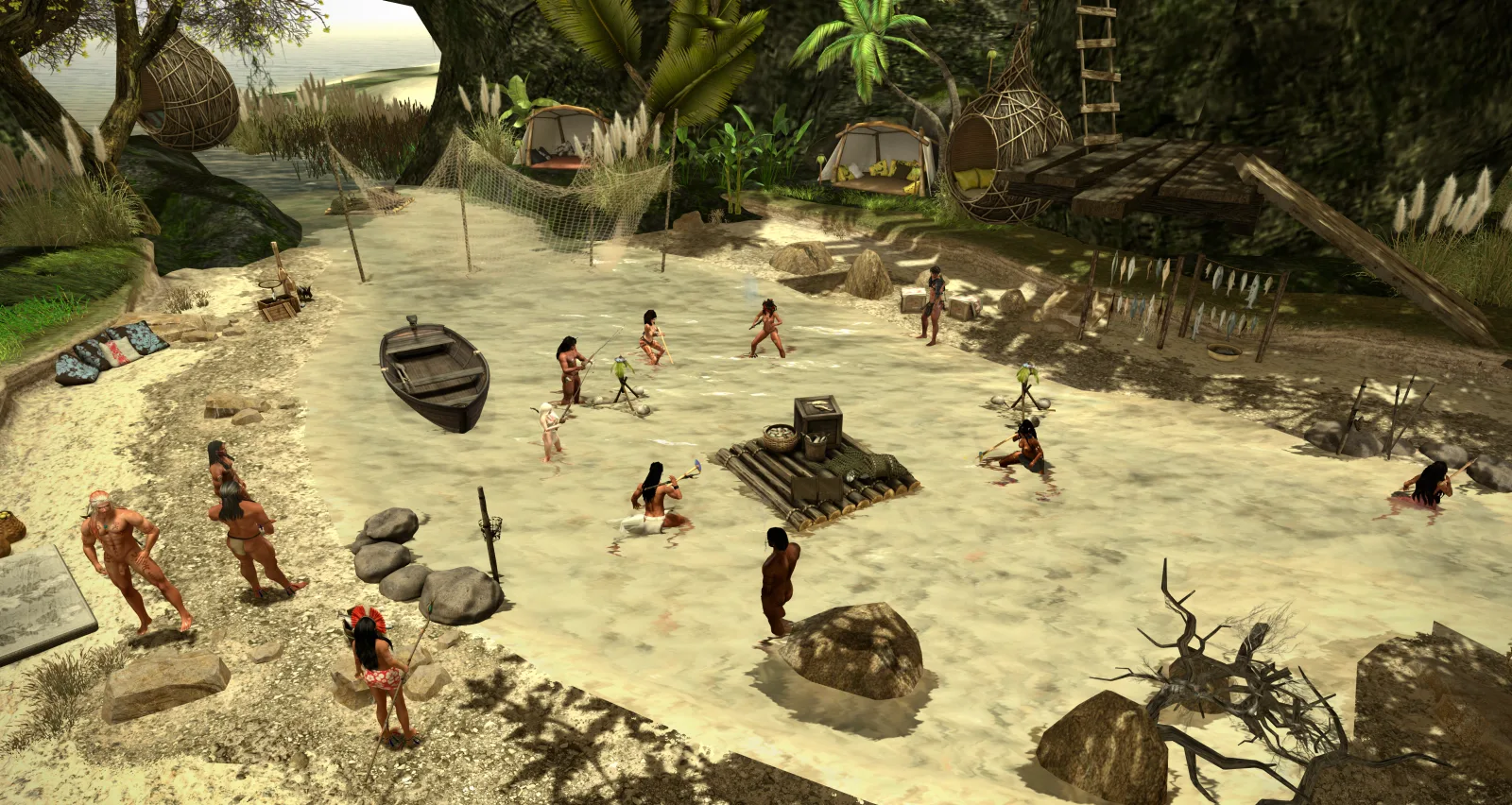 Tribe members gather along a river for Fishing Week, with boats, nets, and various activities in a lush, tropical environment.