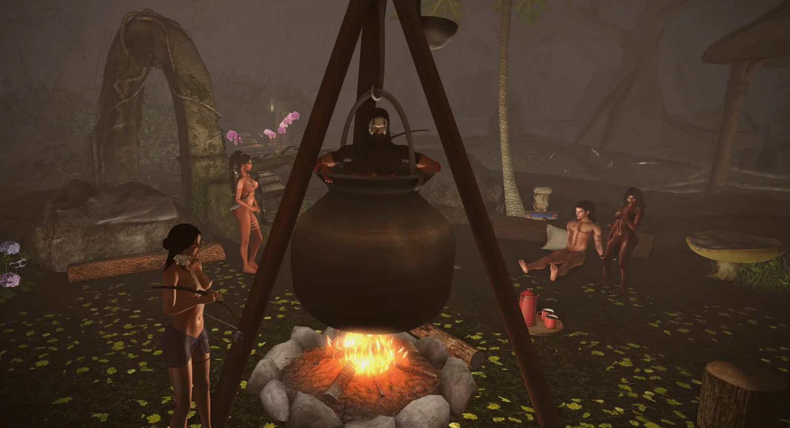 People gather around a large cauldron suspended over a fire in a dimly lit, tropical setting, engaged in a communal activity.