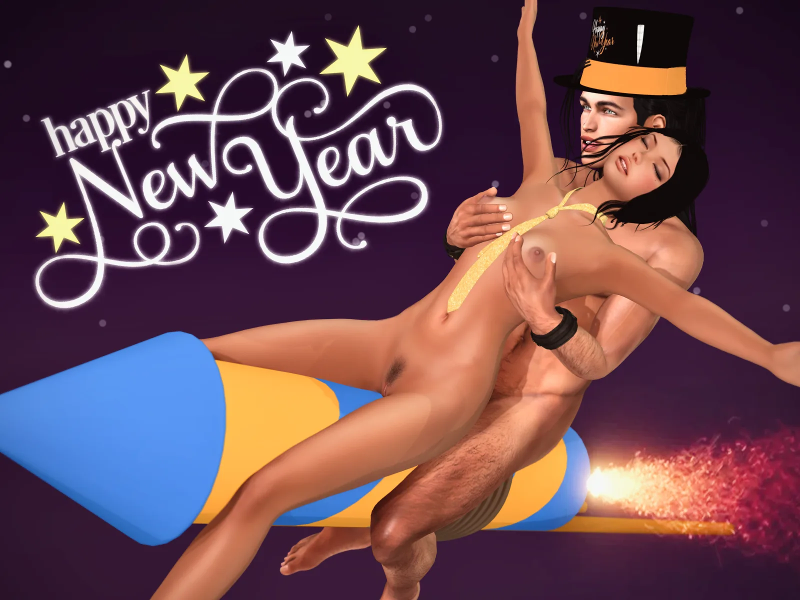 A festive scene with a couple, uncovered, riding a giant firecracker under a sparkly 'Happy New Year' sign