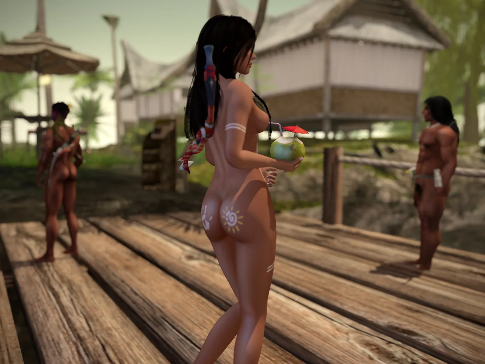 A native woman with bare skin carries a fruit drink on a wooden path, with two men conversing in a rustic jungle village setting