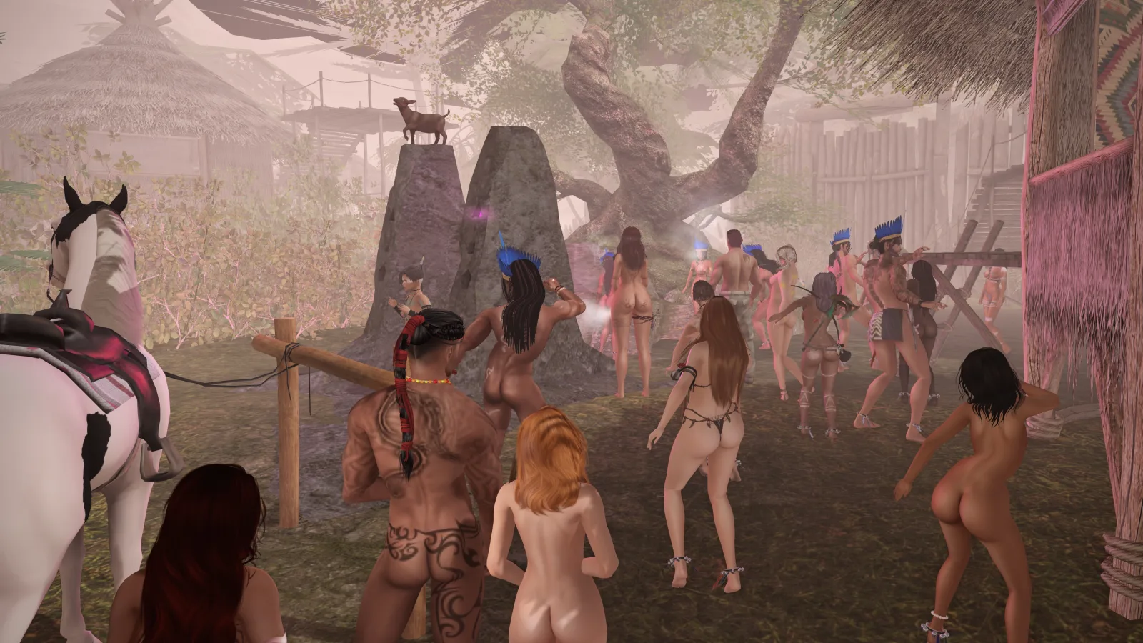 A gathering of bare men and women with tribal attire and headdresses dance under trees near stone pillars in a lively jungle setting