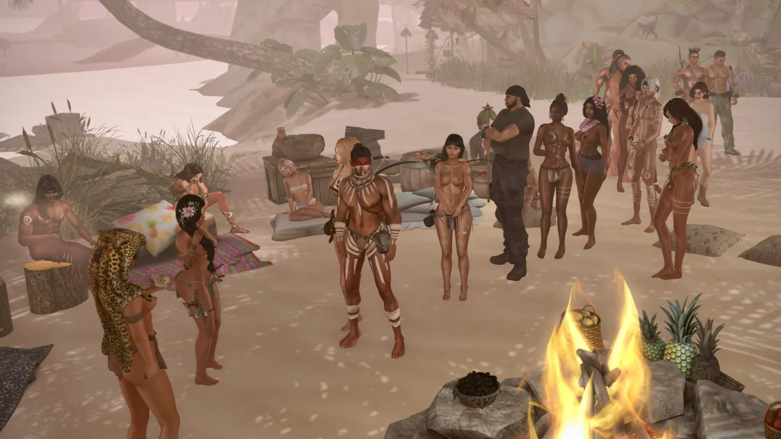 A group of men and women gather around a beach bonfire, some adorned with tribal attire and body paint, set against a tropical backdrop